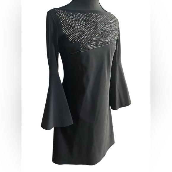 Chiara Boni Italian Black Studded Long Bell Sleeve Cocktail Dress Size 40 US 6 - Picture 5 of 8